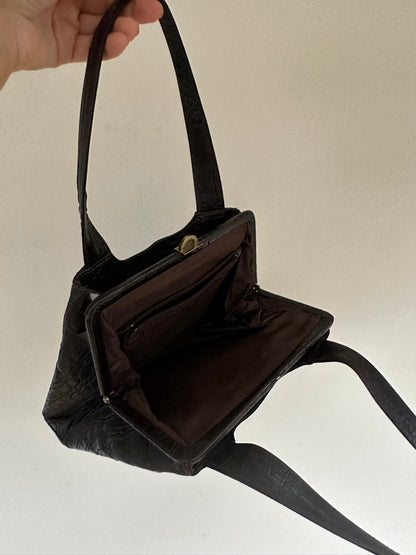 Brown cocodrile print leather bag