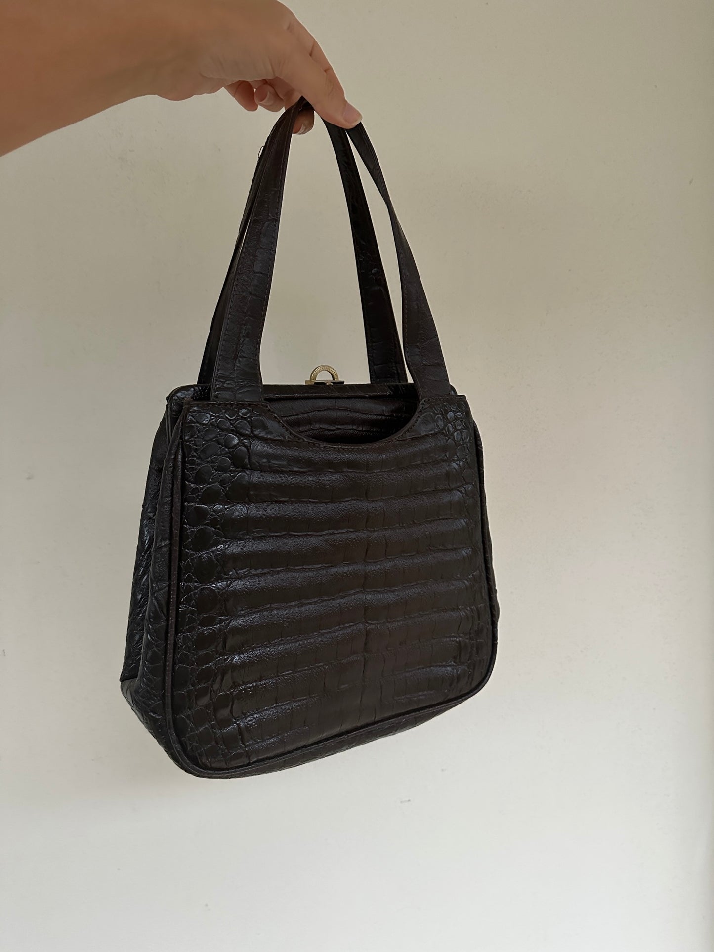 Brown cocodrile print leather bag