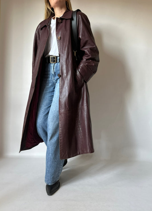 Extra long burgundy leather trench