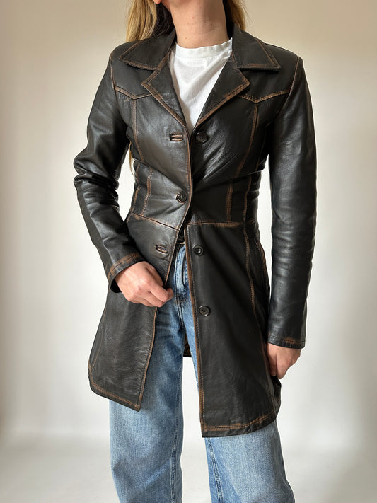 Distressed black leather trench