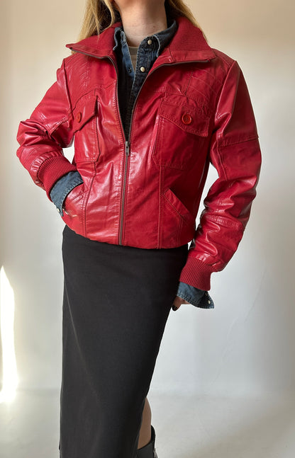 Strawberry leather bomber