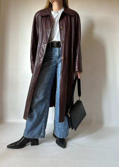 Extra long burgundy leather trench