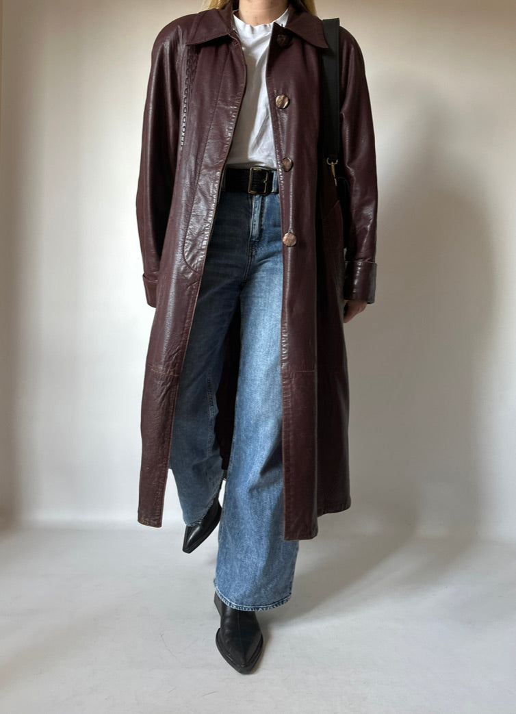 Extra long burgundy leather trench