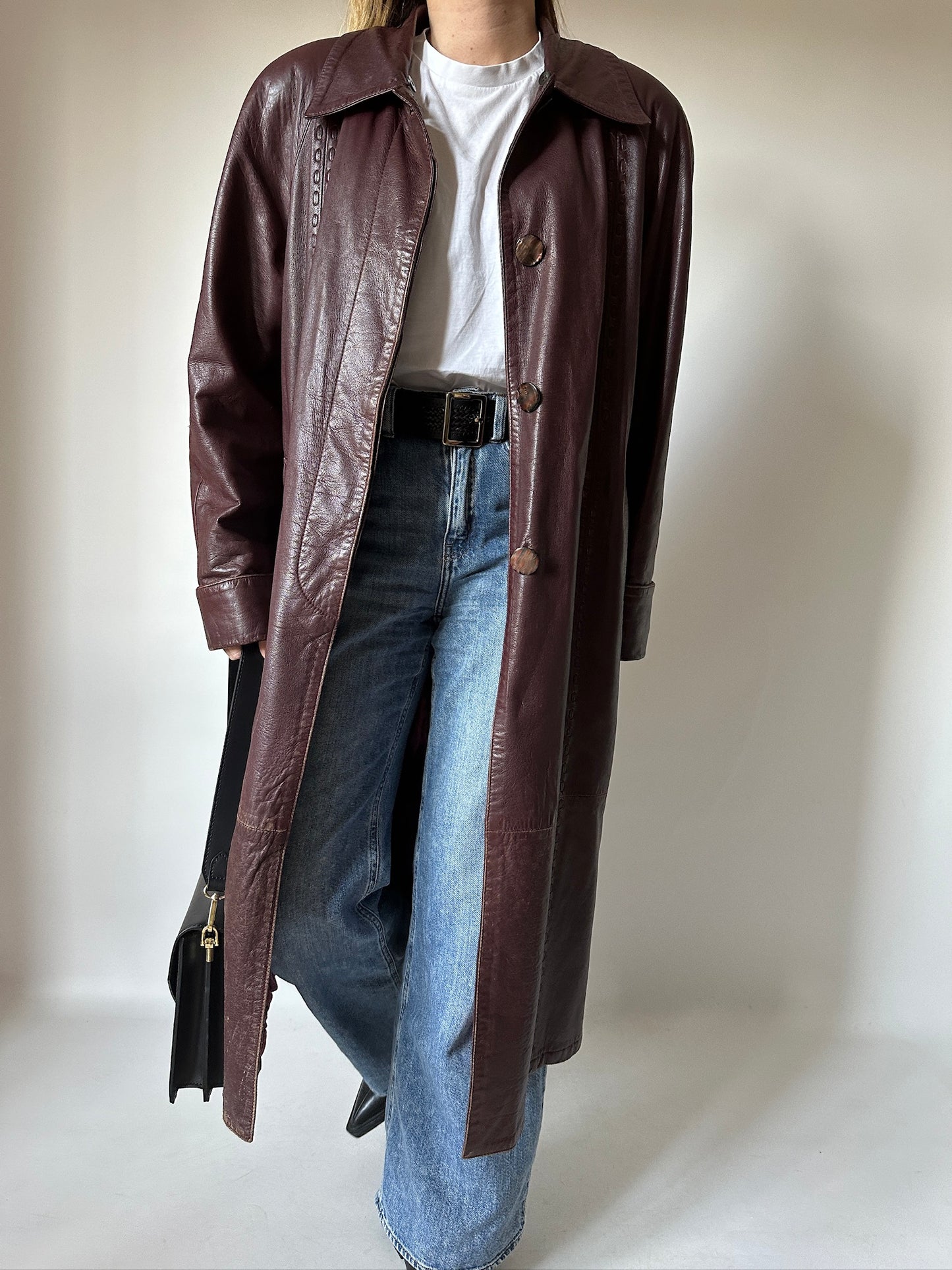 Extra long burgundy leather trench