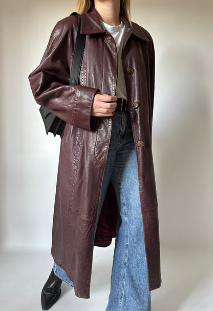 Extra long burgundy leather trench