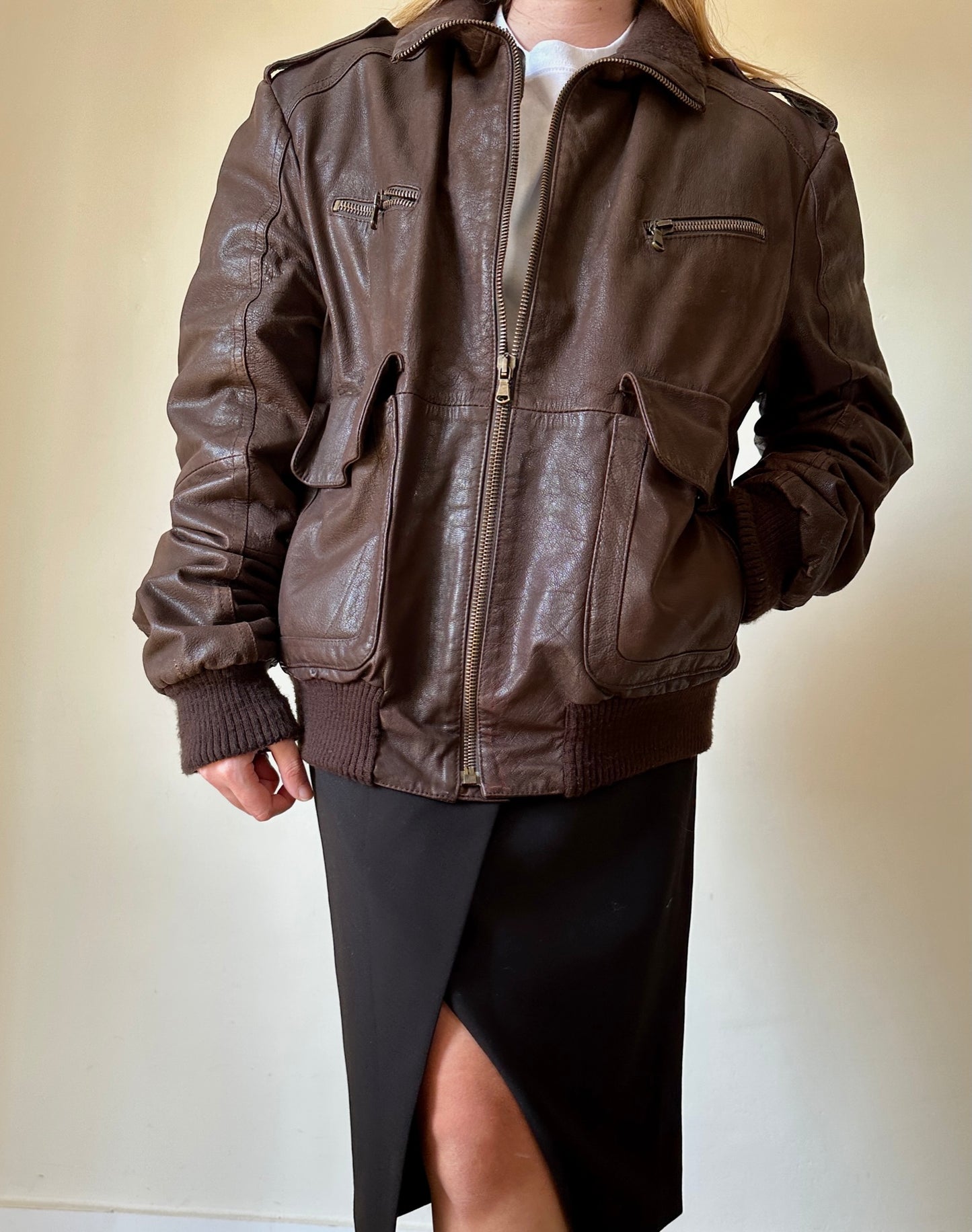 Oversize brown leather bomber