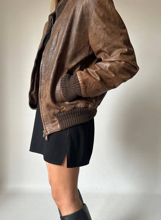Distressed leather bomber