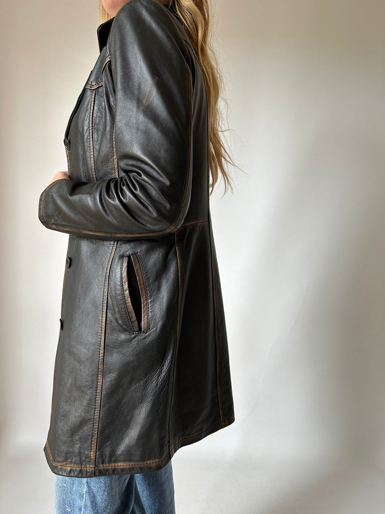 Distressed black leather trench