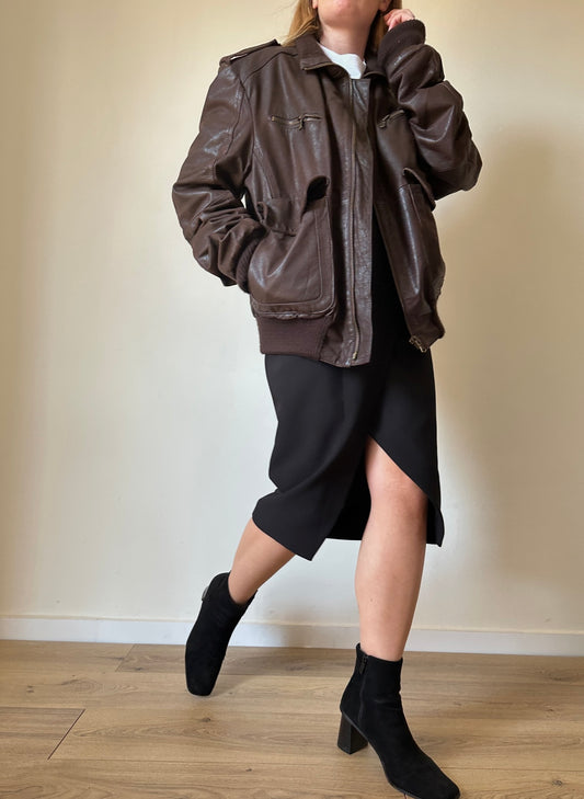 Oversize brown leather bomber