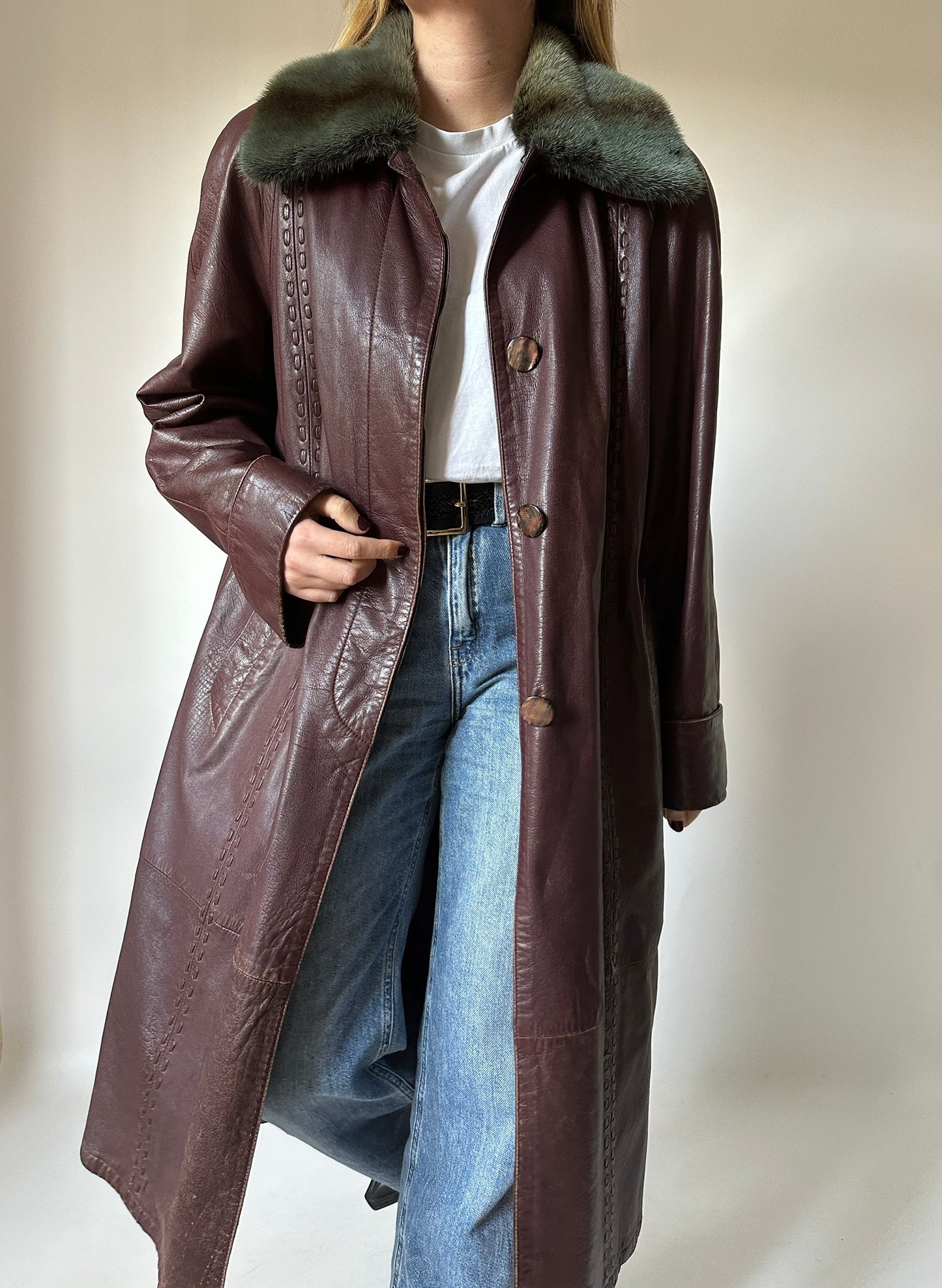 Extra long burgundy leather trench