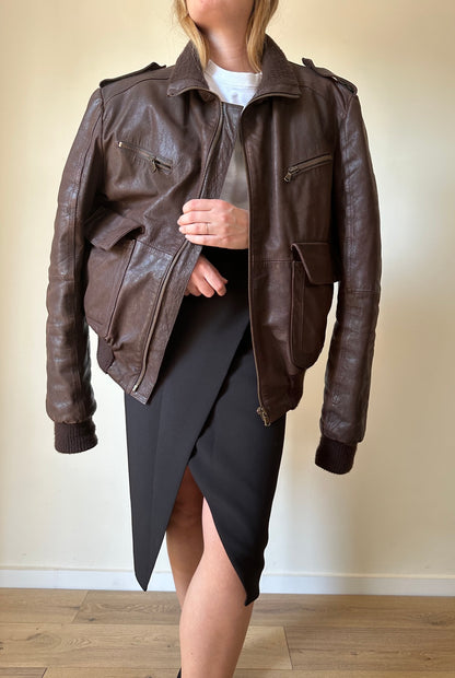 Oversize brown leather bomber