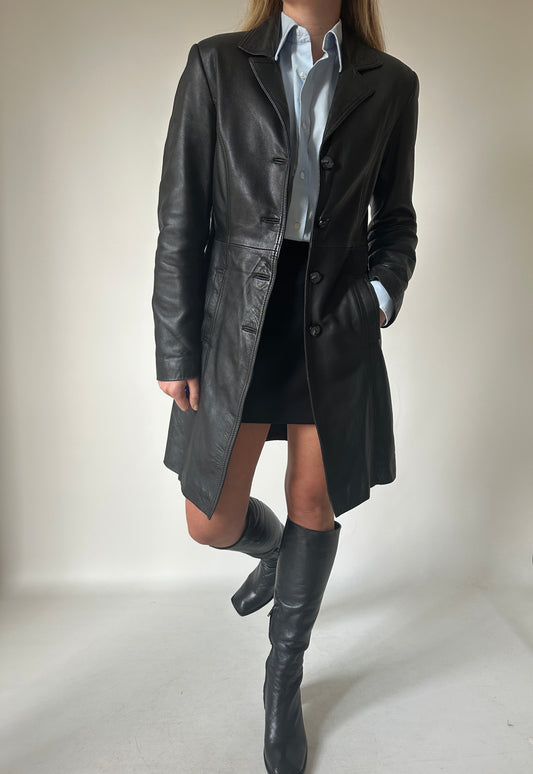 Black long leather trench