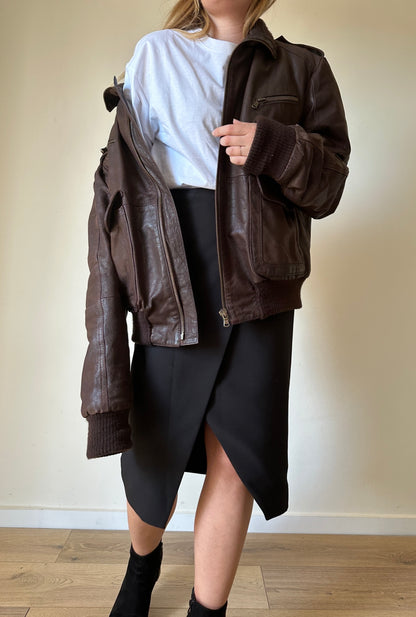 Oversize brown leather bomber