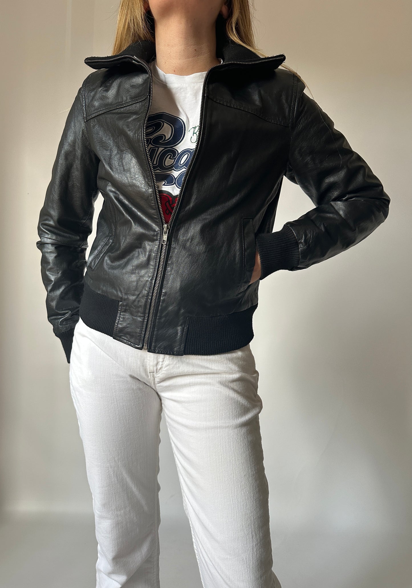 Essential black leather bomber