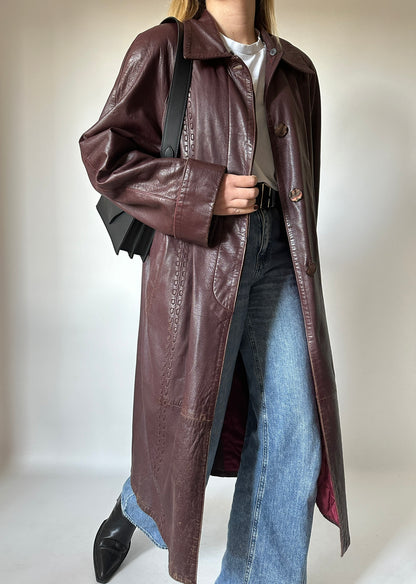 Extra long burgundy leather trench