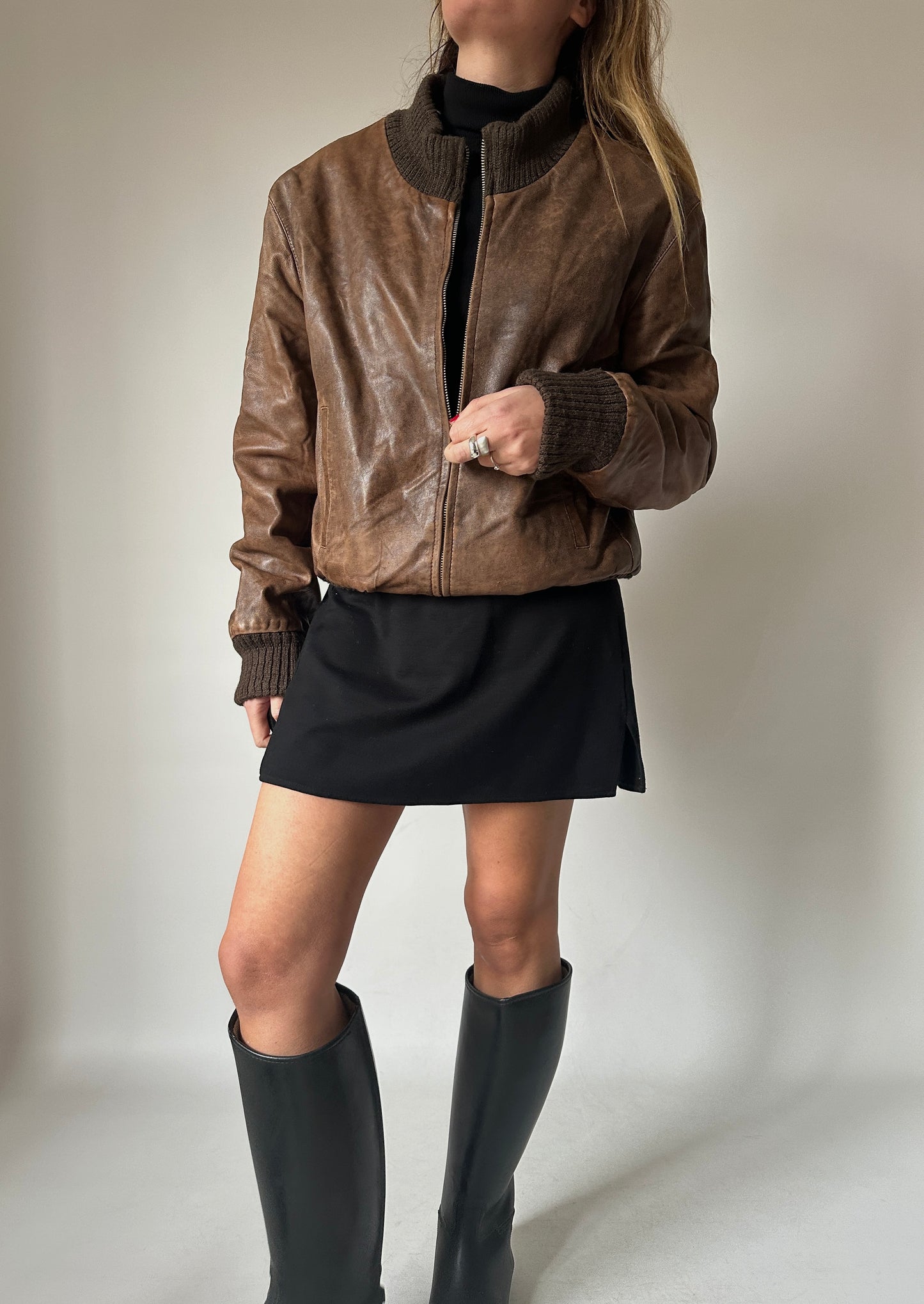 Distressed leather bomber