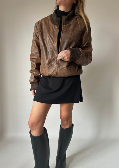 Distressed leather bomber