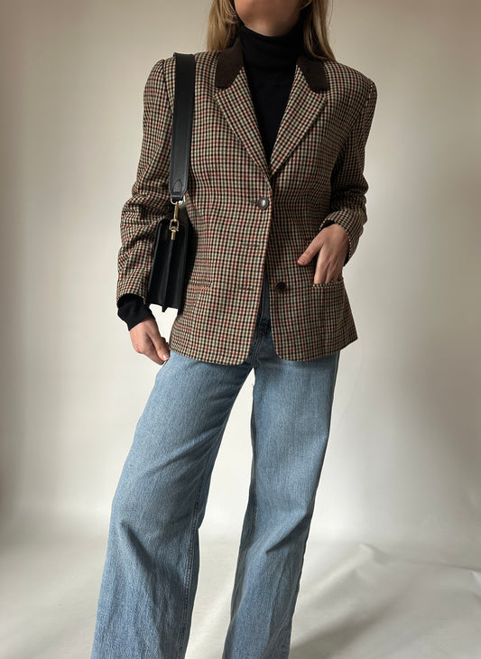 Blazer pied de poule con colletto in velluto