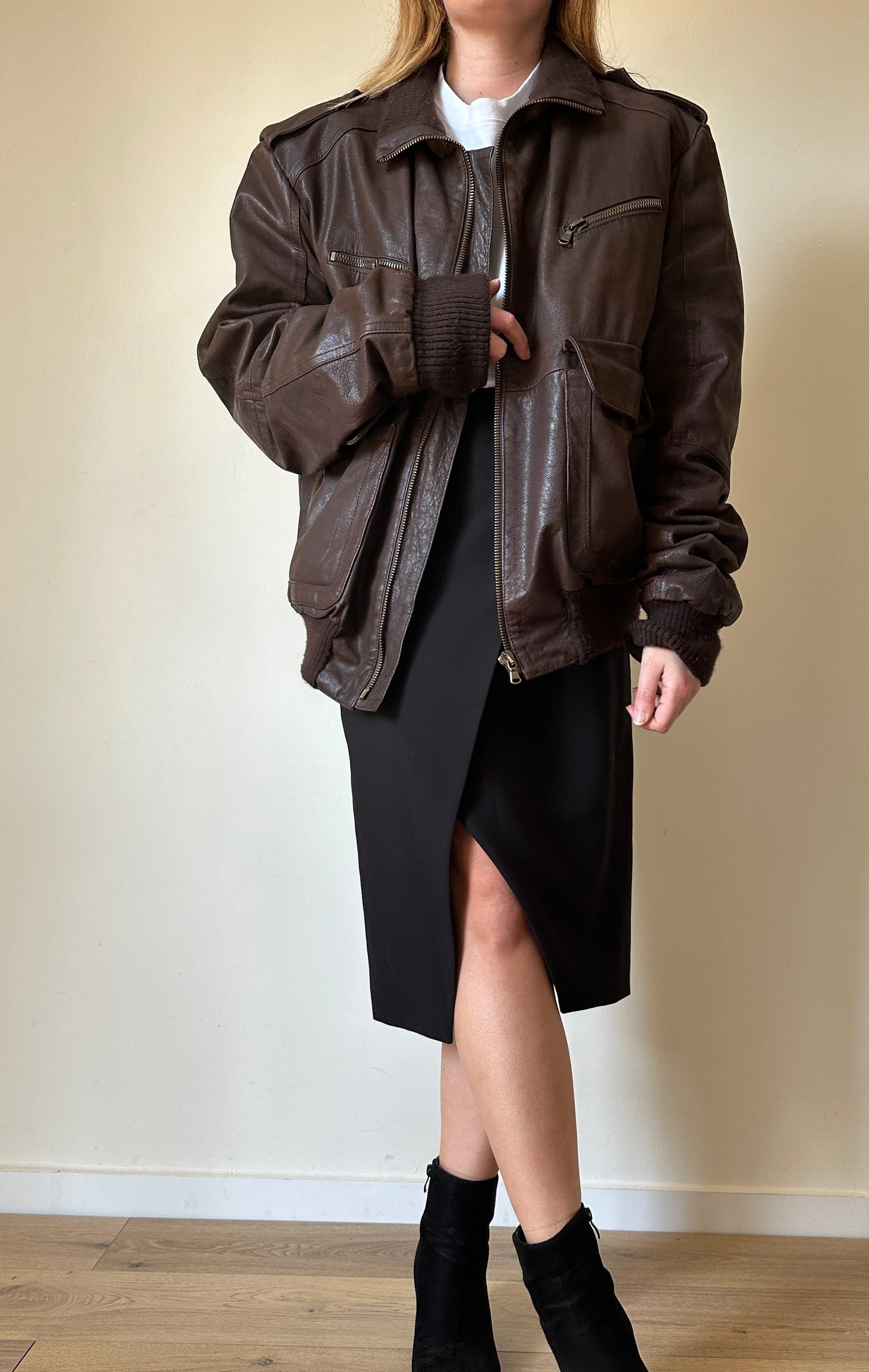 Oversize brown leather bomber