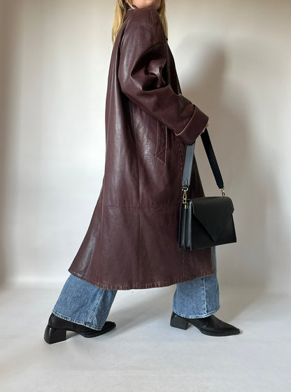 Extra long burgundy leather trench