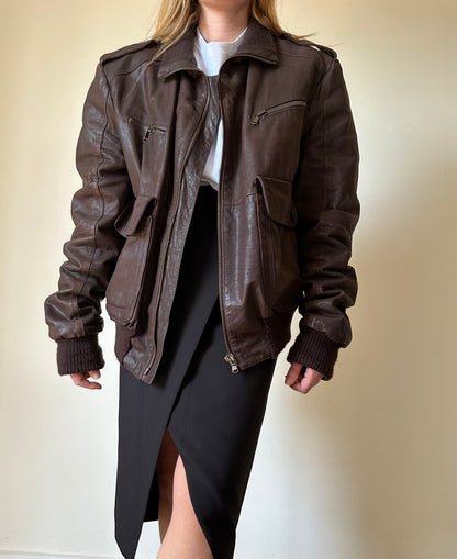 Oversize brown leather bomber