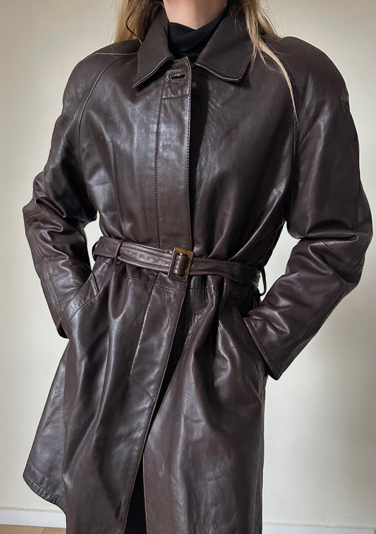 Chocolate leather trench with belt