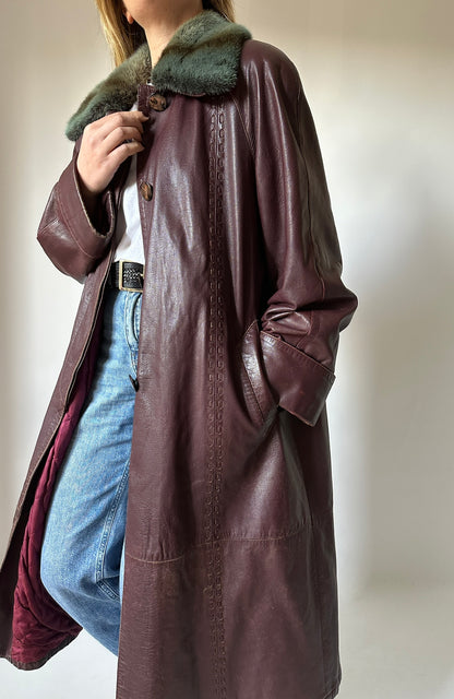 Extra long burgundy leather trench