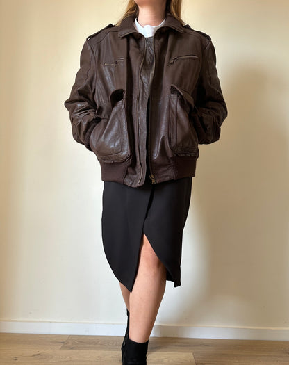 Oversize brown leather bomber