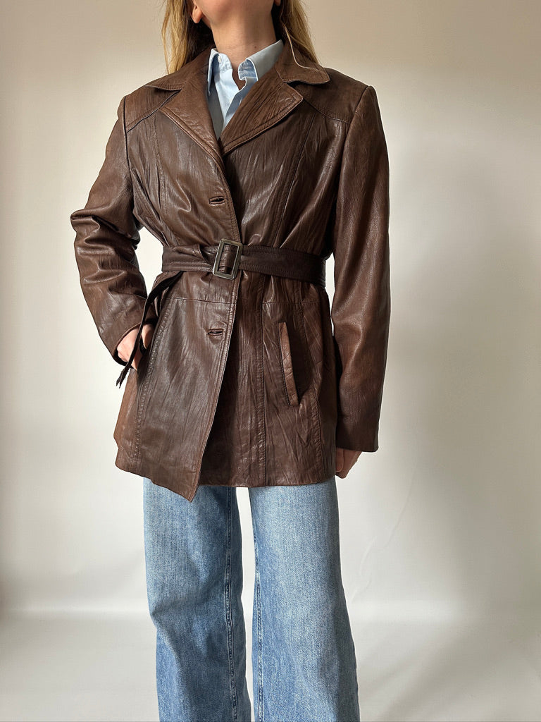 Brown leather jacket with belt