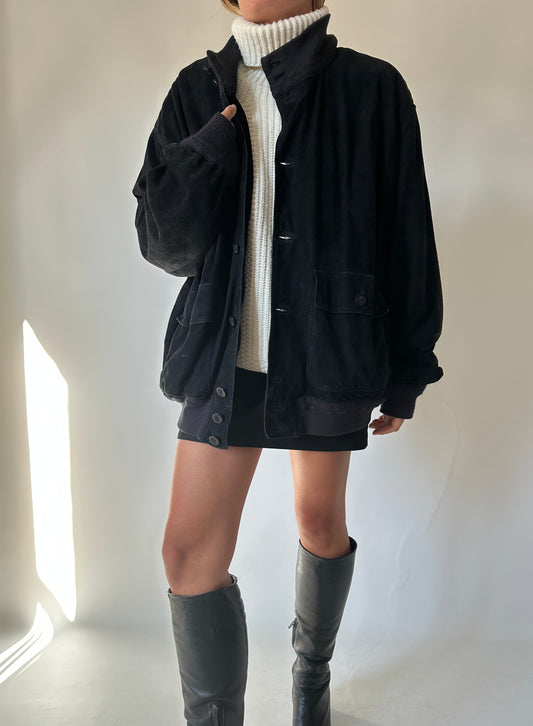 Oversize black suede bomber