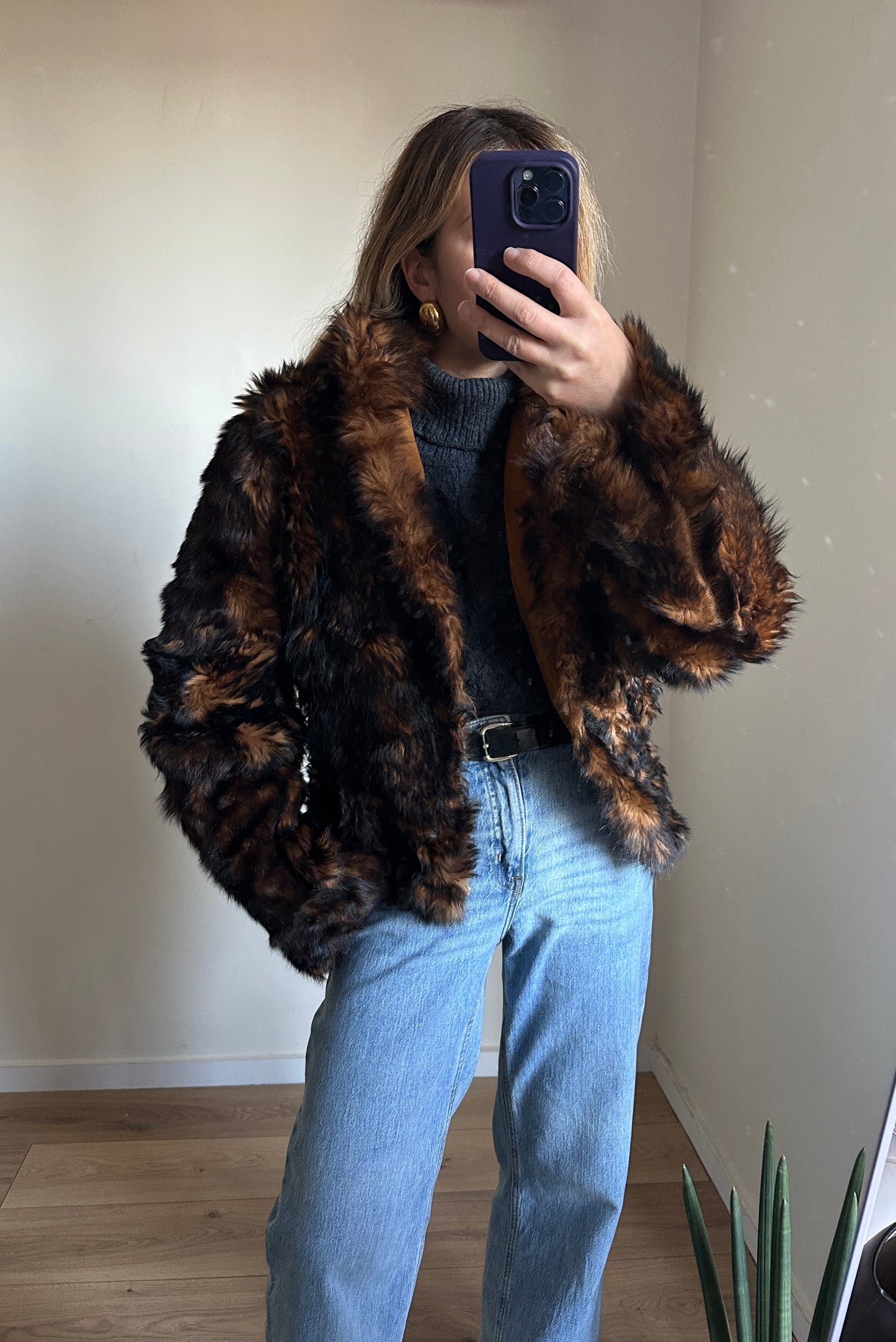 Shearling and fur double-face coat