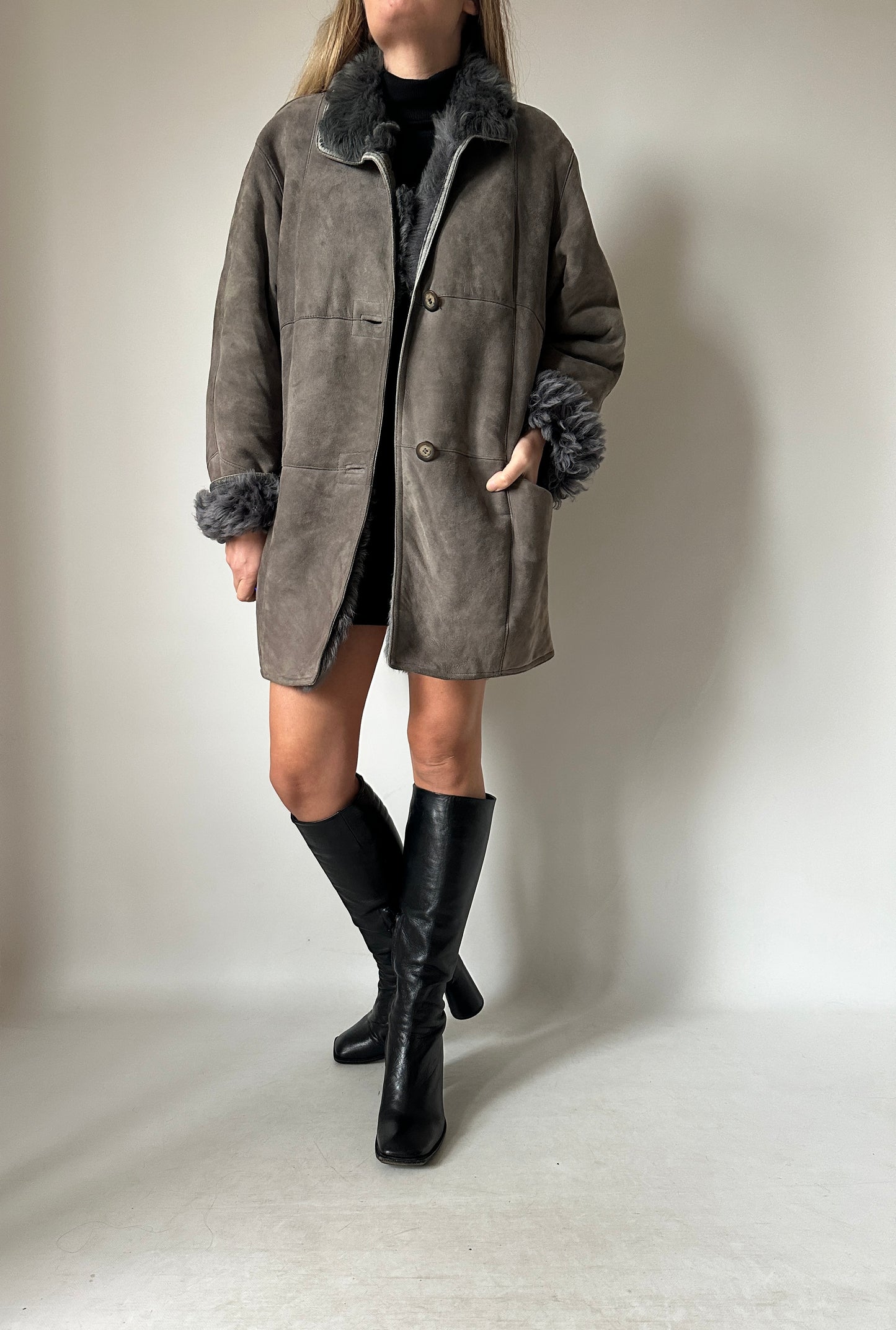 Shearling and fur grey coat