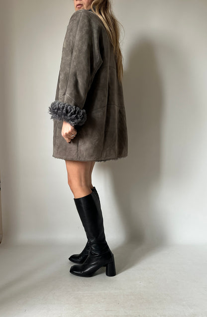 Shearling and fur grey coat