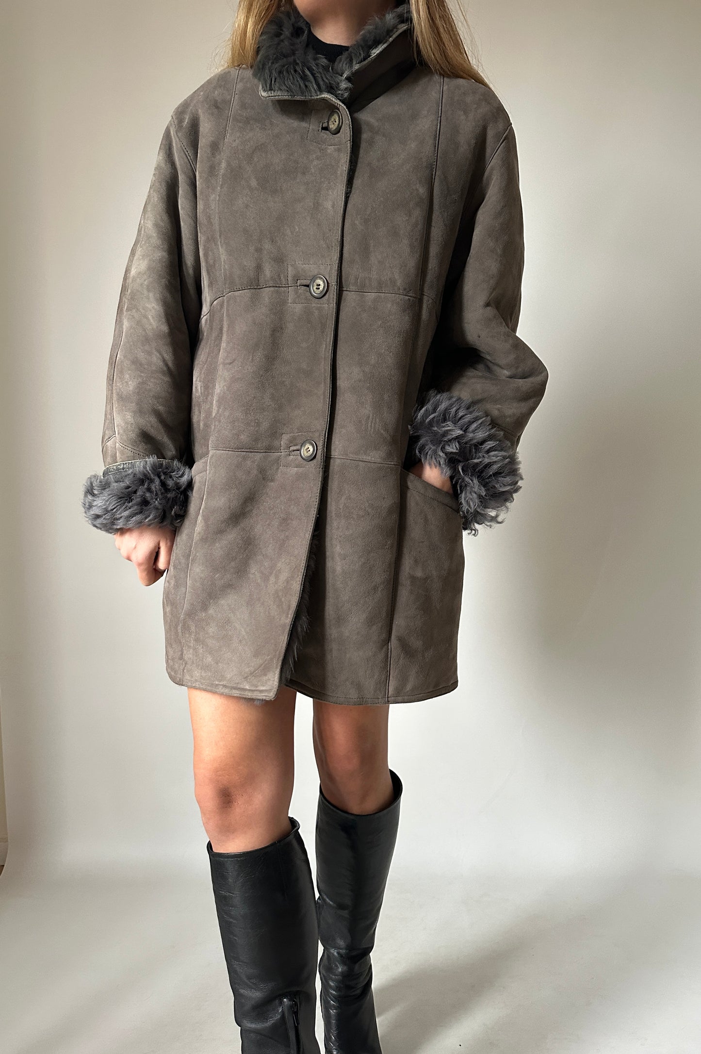 Shearling and fur grey coat