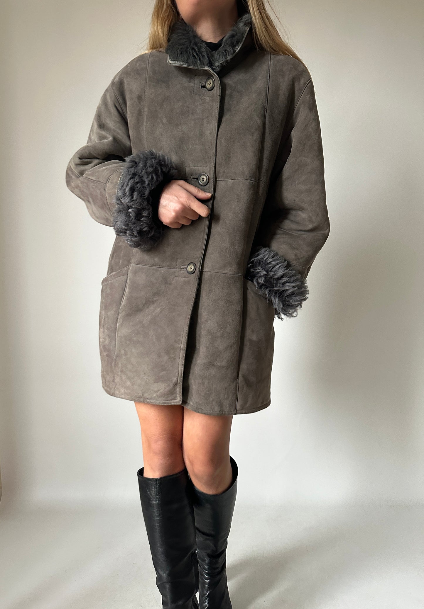 Shearling and fur grey coat