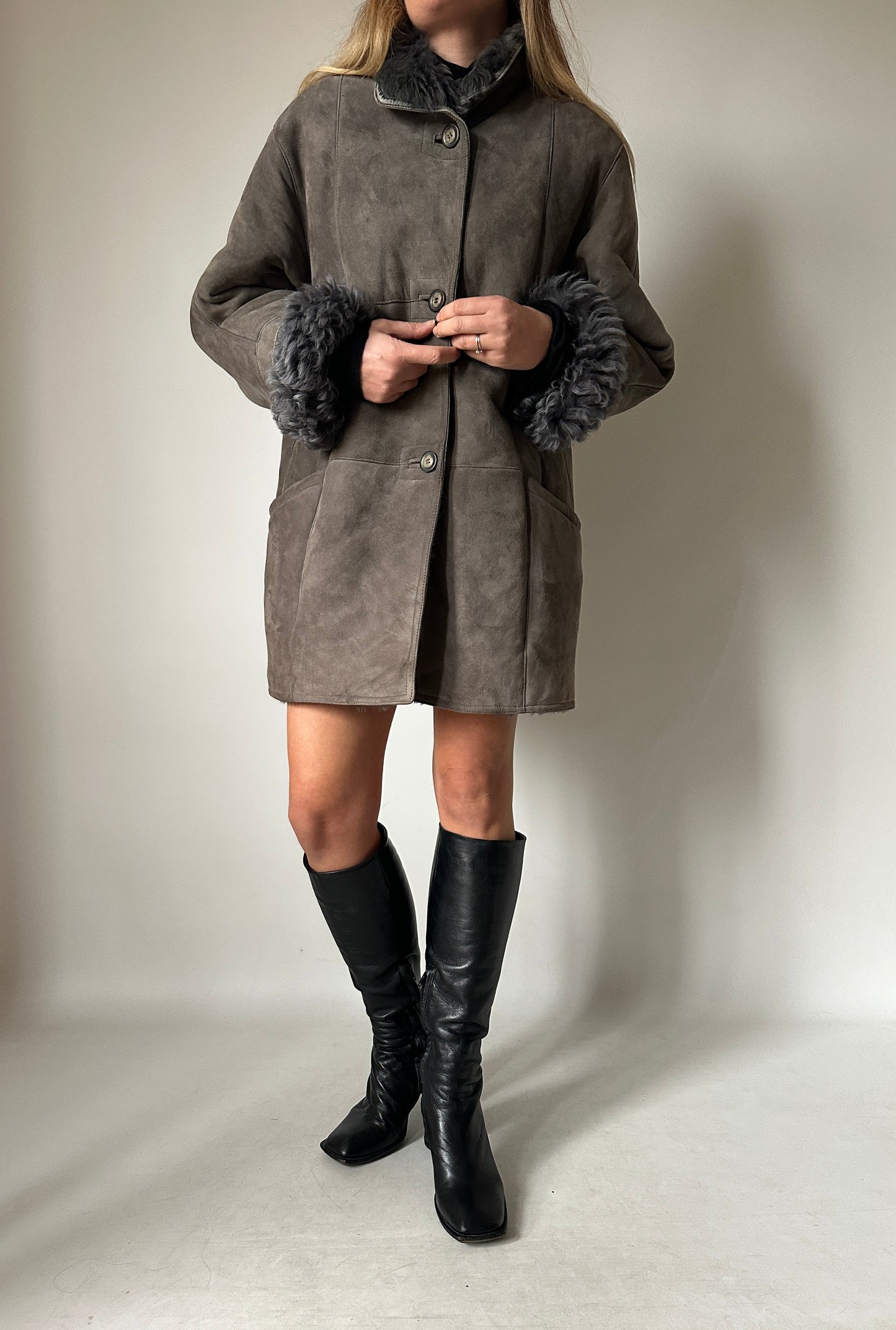 Shearling and fur grey coat