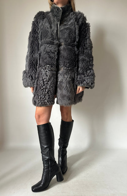 Shearling and fur grey coat