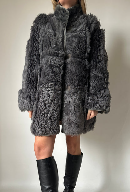 Shearling and fur grey coat