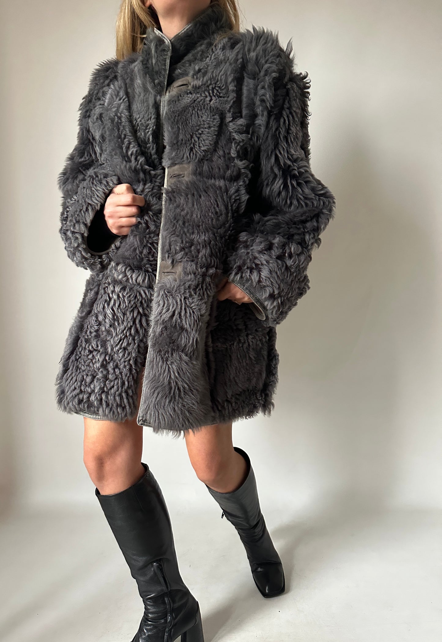 Shearling and fur grey coat