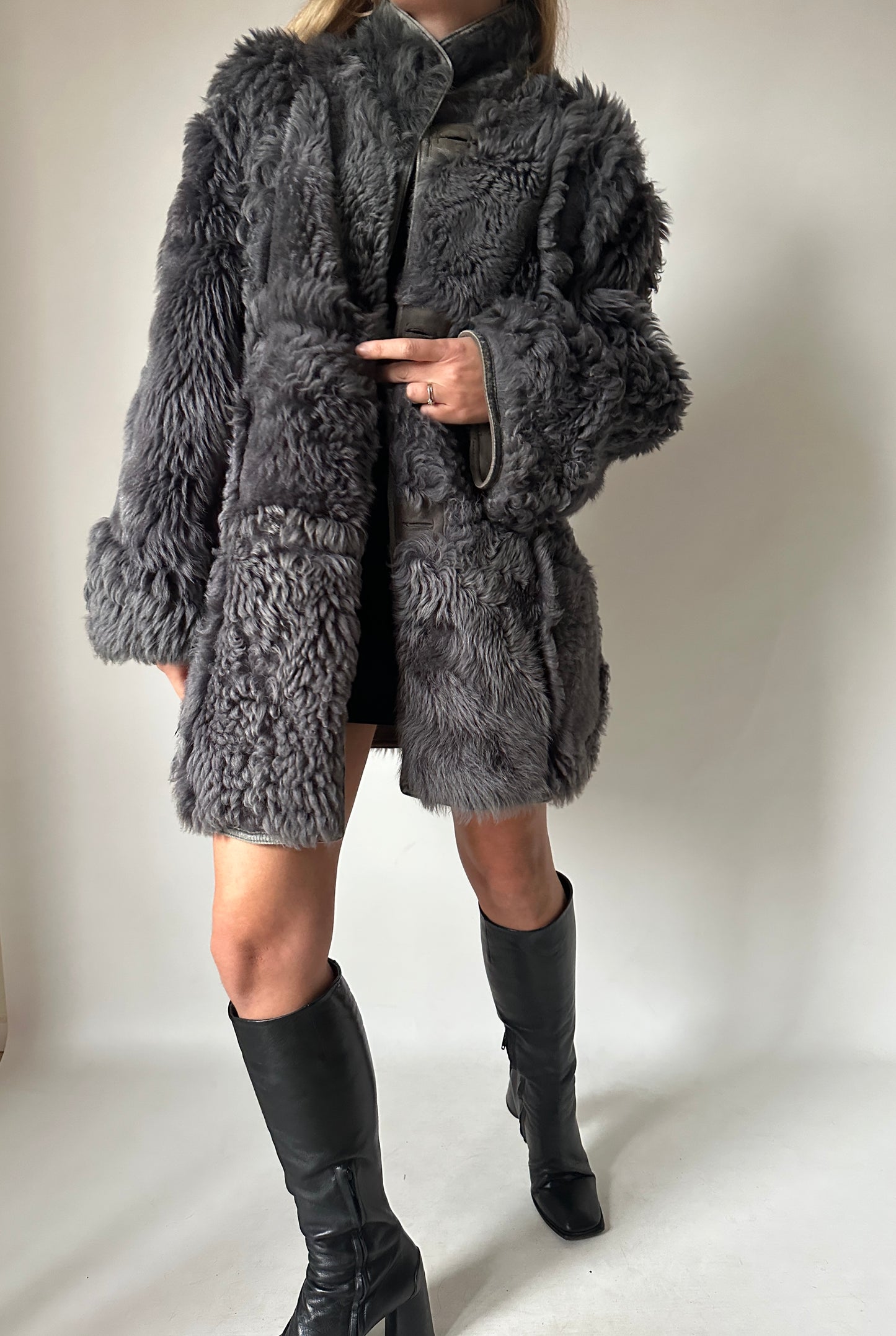 Shearling and fur grey coat