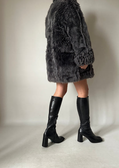 Shearling and fur grey coat