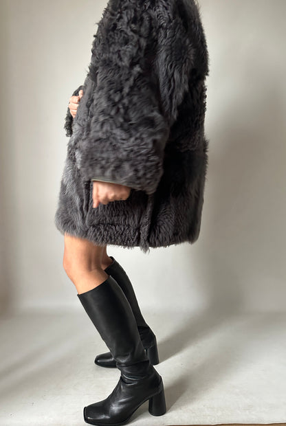 Shearling and fur grey coat