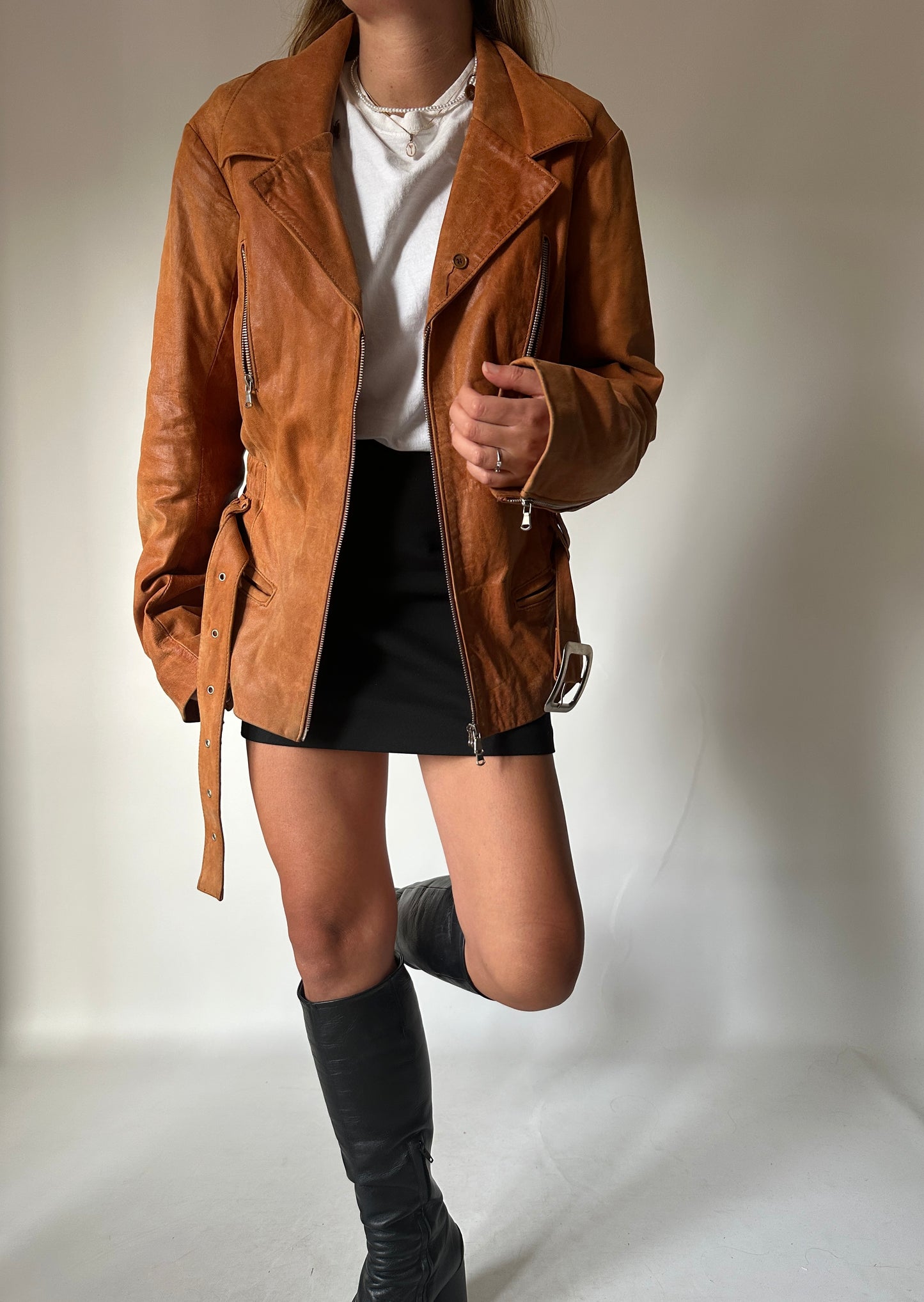 Cognac leather biker