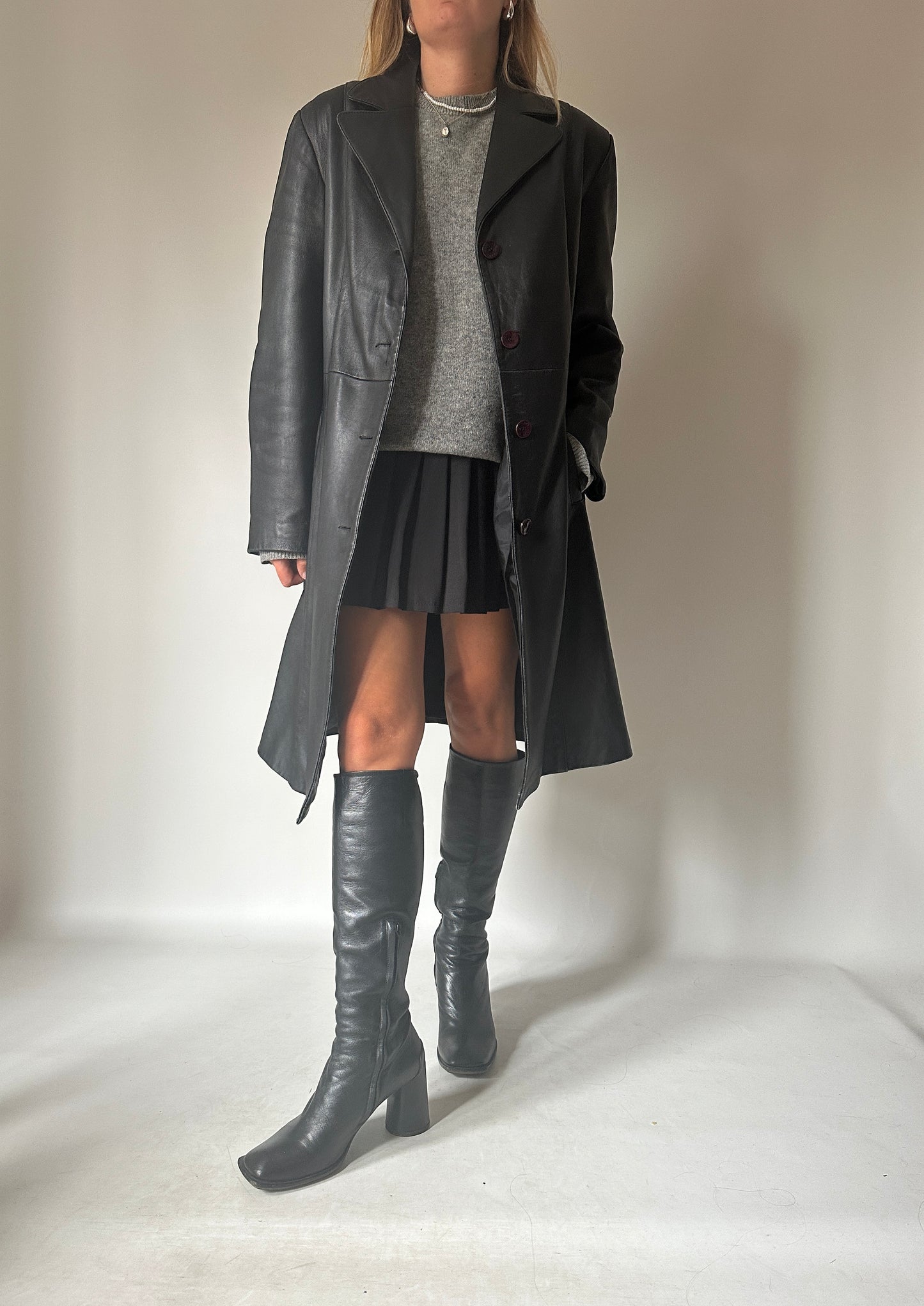 Black long leather trench