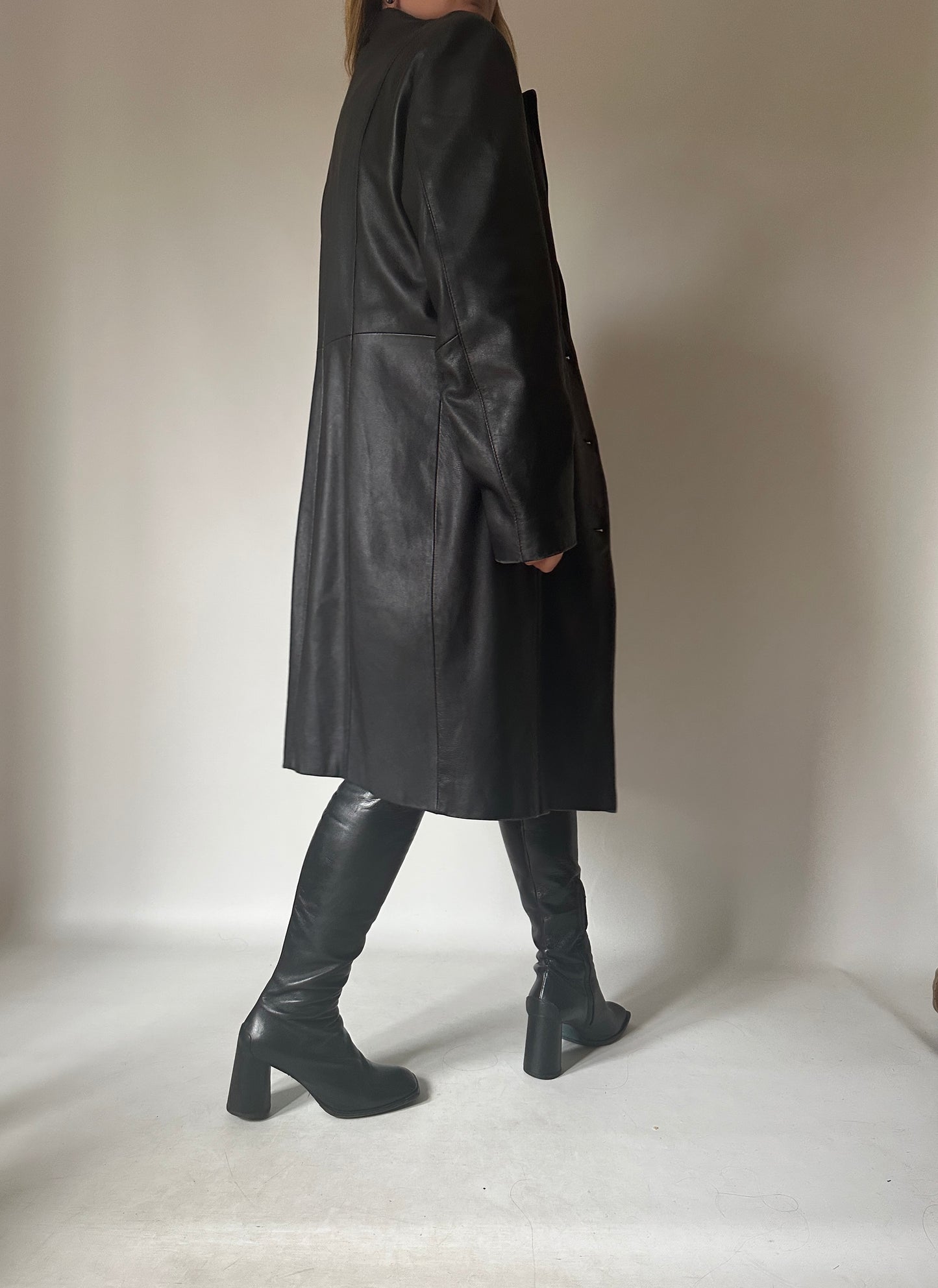 Black long leather trench