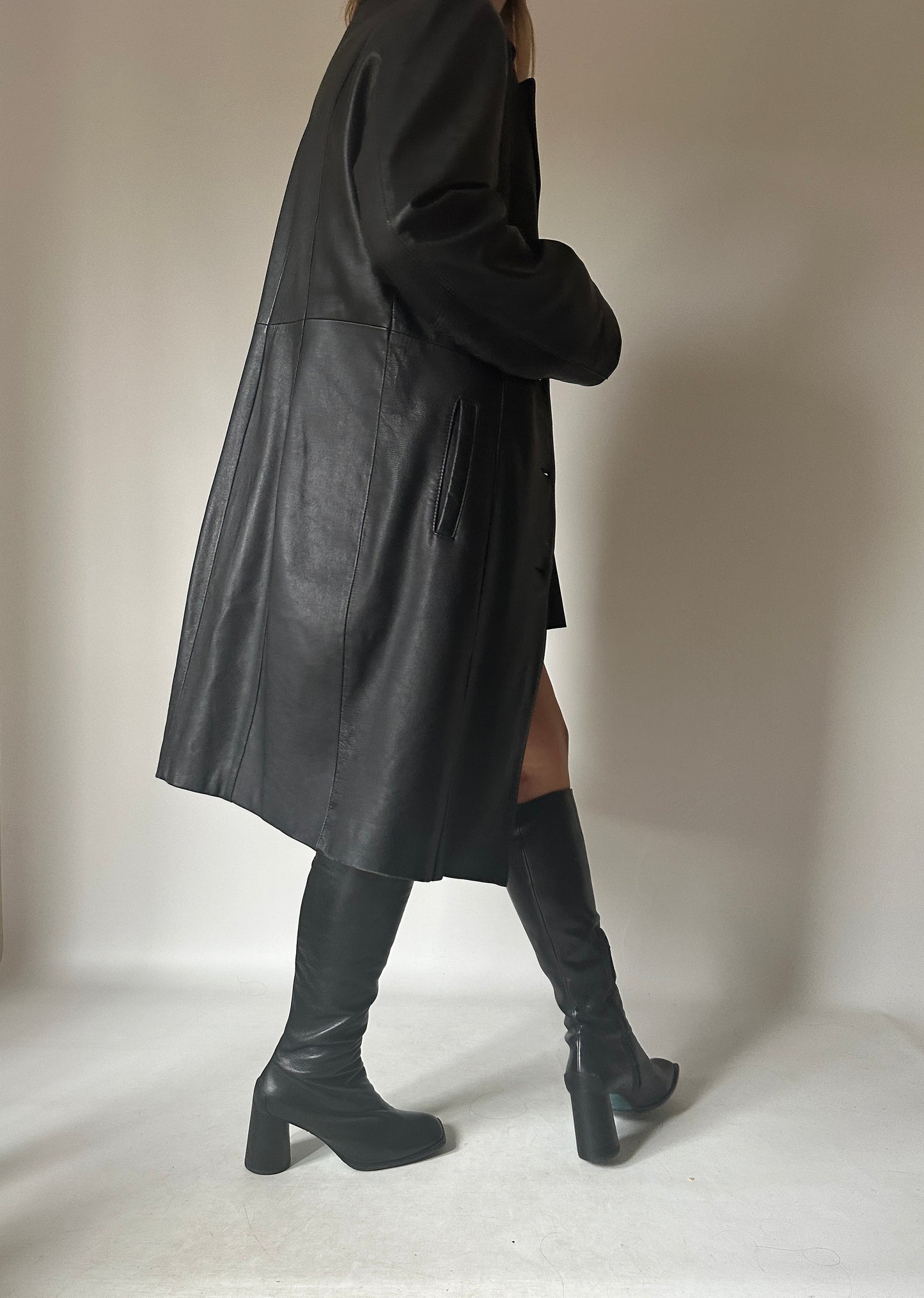 Black long leather trench