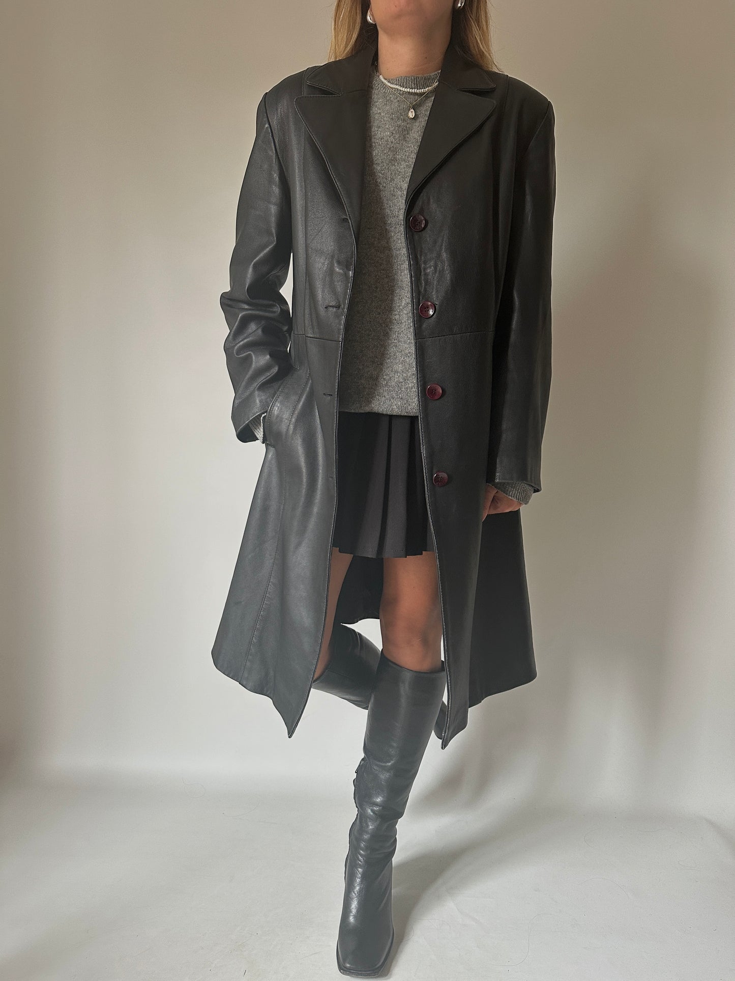 Black long leather trench