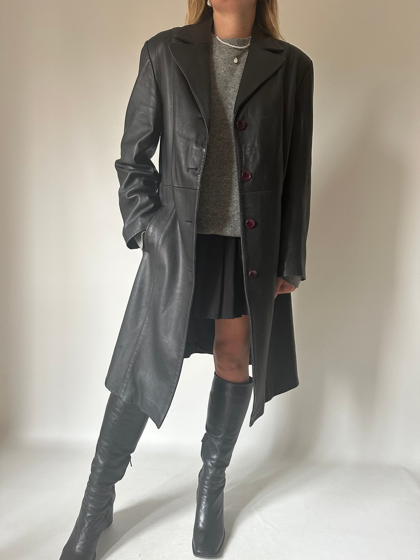 Black long leather trench