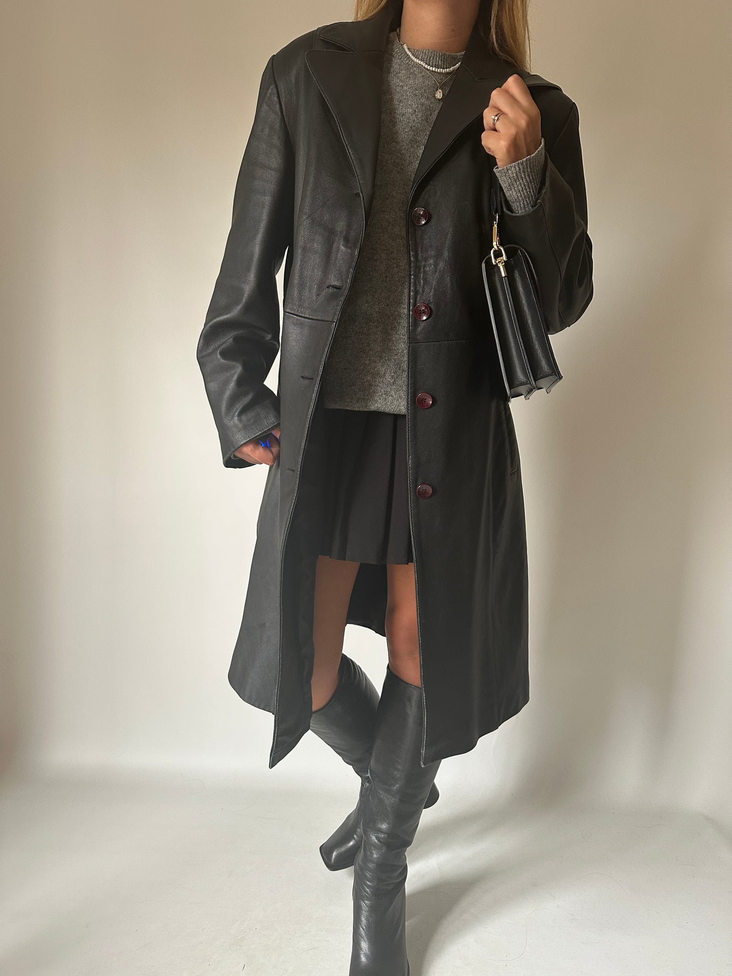 Black long leather trench