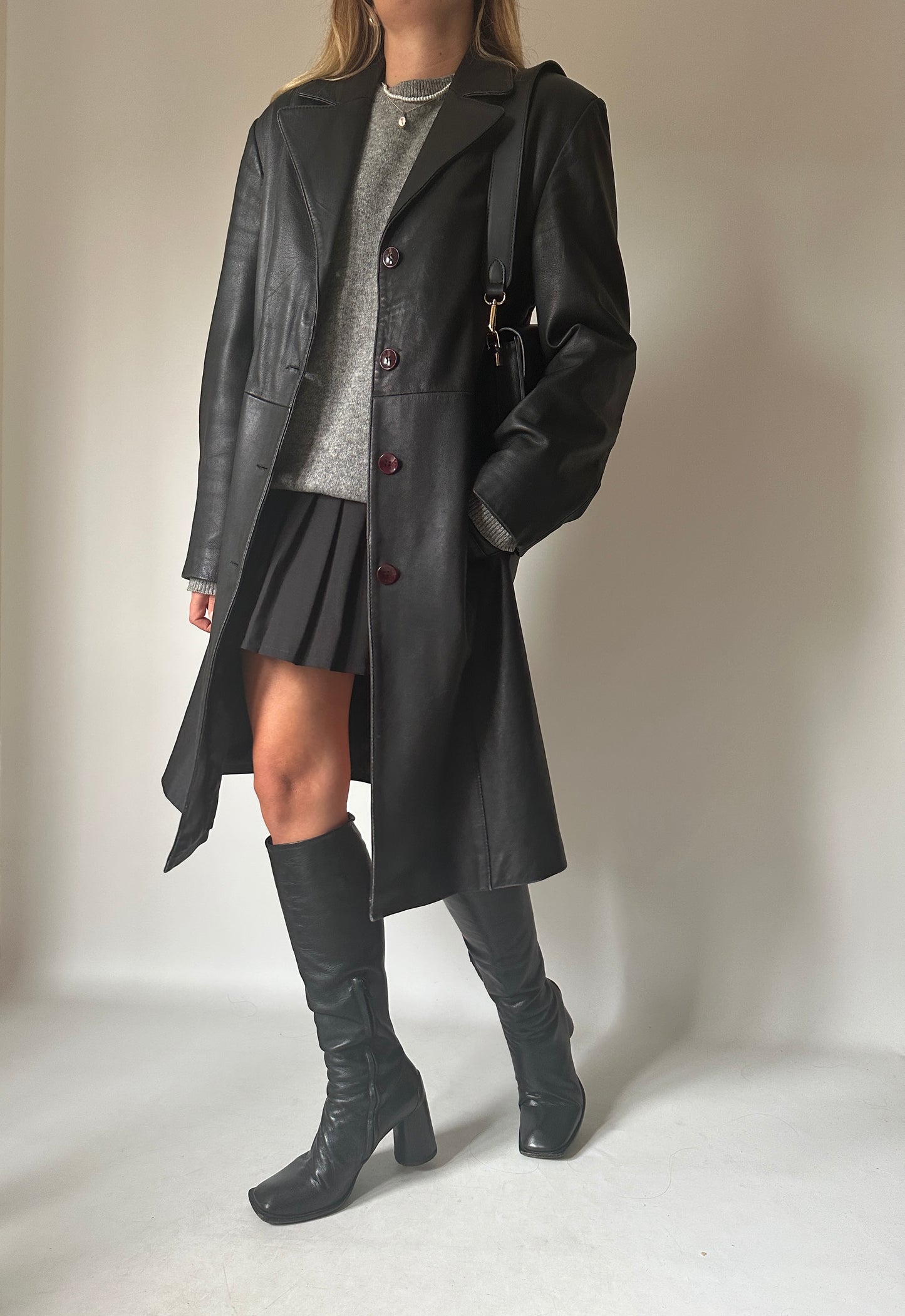 Black long leather trench